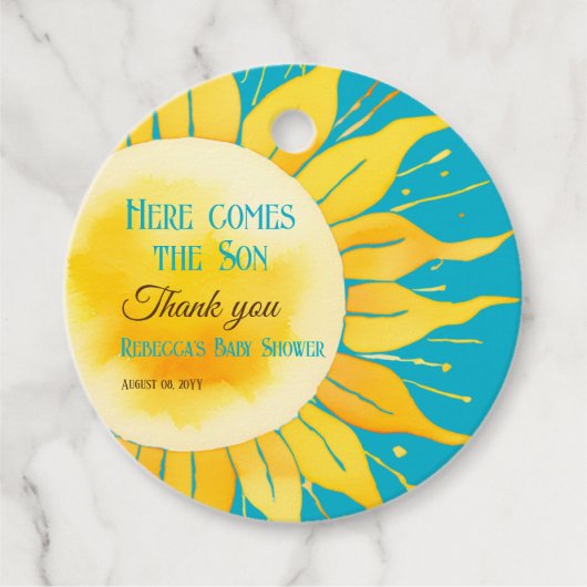 Hier kommt die Son Boy Blue Sunshine Baby Dusche Geschenkanhänger (Vorderseite)