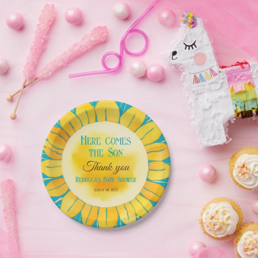 Hier kommt die Son Boy Blue Sunshine Baby Dusche Pappteller (Party)