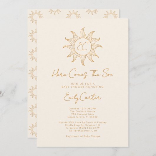 Hier kommt die Son Boy Sunshine Baby Dusche Einladung (Vorne/Hinten)