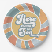 Hier kommt die Son Groovy Retro Sun Baby Dusche Pappteller (Vorderseite)