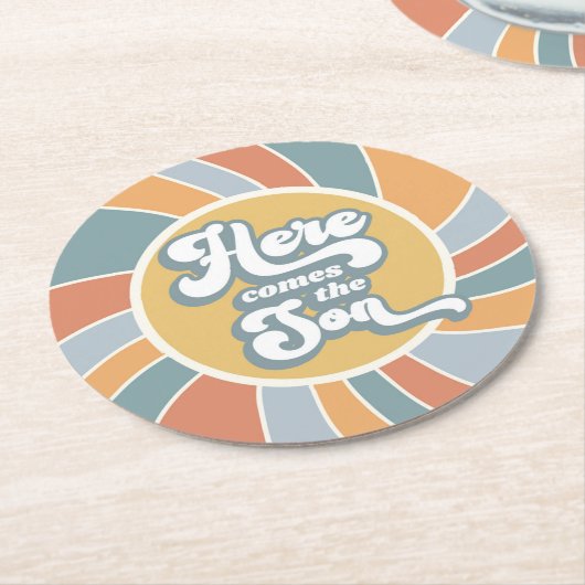 Hier kommt die Son Groovy Retro Sun Baby Dusche Runder Pappuntersetzer (Angewinkelt)