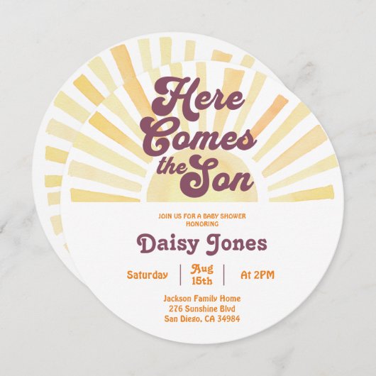 Hier kommt die Son Groovy Summer 70er Baby Dusche Einladung (Vorne/Hinten)