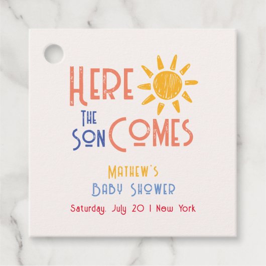 Hier kommt die Son Minimal Retro Sun Baby Dusche Geschenkanhänger (Vorderseite)