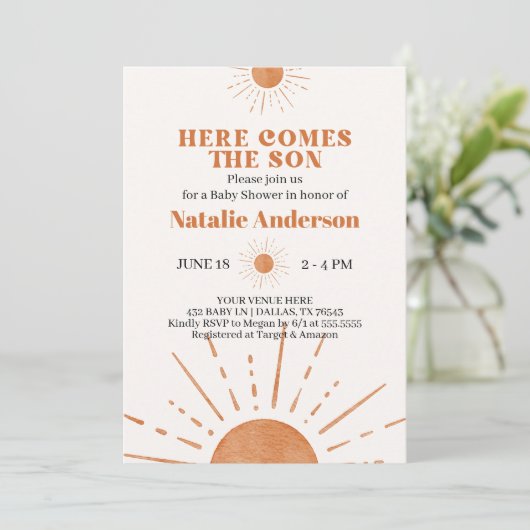 Hier kommt die Son Orange Sunshine Baby Dusche Einladung (Stehend Vorderseite)