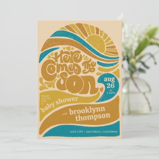Hier kommt die Son Retro Baby Boy Baby Dusche Einladung (Stehend Vorderseite)