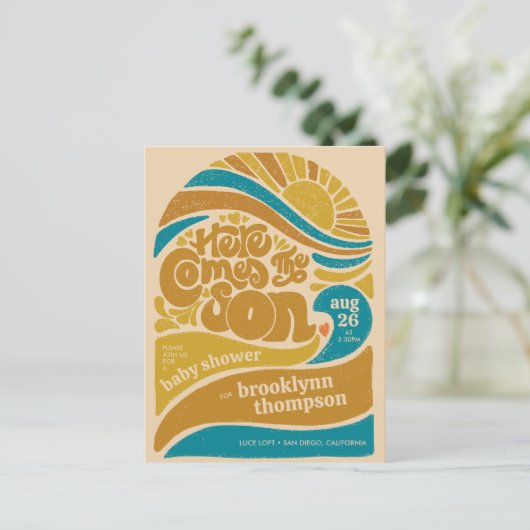 Hier kommt die Son Retro Baby Boy Baby Dusche Postkarte (Stehend Vorderseite)