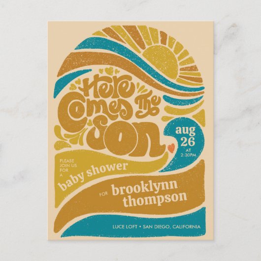 Hier kommt die Son Retro Baby Boy Baby Dusche Postkarte (Vorderseite)