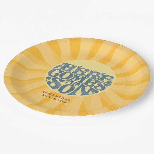 Hier kommt die Son Retro Baby Dusche Pappteller (Schrägansicht)