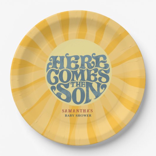 Hier kommt die Son Retro Baby Dusche Pappteller (Vorderseite)