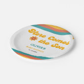 Hier kommt die Son Retro Boy Baby Dusche Pappteller (Schrägansicht)