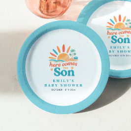 Hier kommt die Son Retro Boy Baby Dusche Pappteller