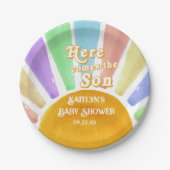 Hier kommt die Son Retro Boys Baby Dusche Pappteller (Vorderseite)