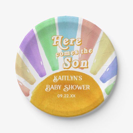 Hier kommt die Son Retro Boys Baby Dusche Pappteller (Vorderseite)