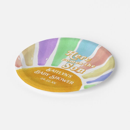 Hier kommt die Son Retro Boys Baby Dusche Pappteller (Schrägansicht)