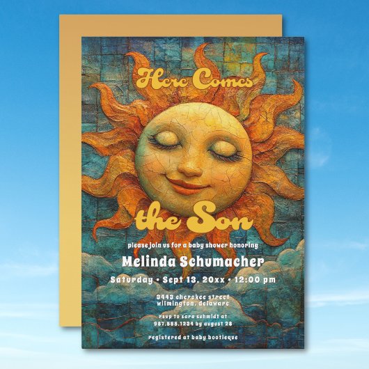 Hier kommt die Son Retro Celestial Baby Dusche Einladung