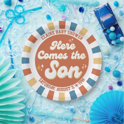 Hier kommt die Son Retro Groovy Baby Dusche Geburt Pappteller (Party)