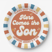 Hier kommt die Son Retro Groovy Baby Dusche Geburt Pappteller (Vorderseite)