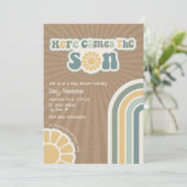 Hier kommt die Son Retro Hippie Boy Baby Dusche Einladung (Stehend Vorderseite)