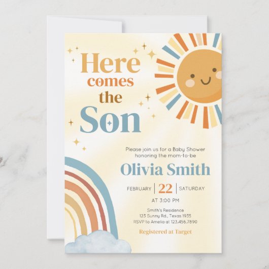 Hier kommt die Son Retro Sunshine Baby Dusche Einladung (Vorderseite)