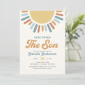 Hier kommt die Son Retro Sunshine Baby Dusche Einladung (Stehend Vorderseite)