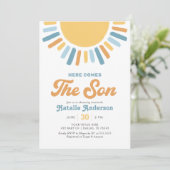 Hier kommt die Son Retro Sunshine Baby Dusche Einladung (Stehend Vorderseite)