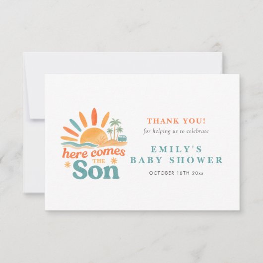 Hier kommt die Son Summer Baby Boy Dusche Dankeskarte (Vorderseite)