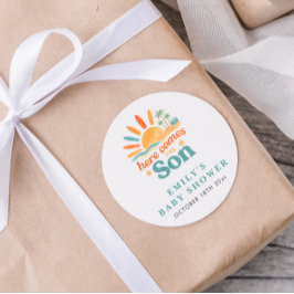 Hier kommt die Son Summer Baby Boy Dusche Runder Aufkleber