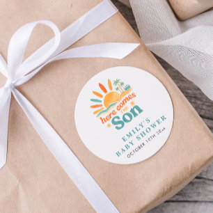 Hier kommt die Son Summer Baby Boy Dusche Runder Aufkleber