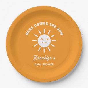Hier kommt die Son Sun Baby Dusche Orange White Pappteller