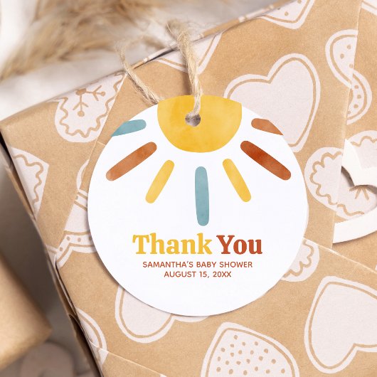 Hier kommt die Son Sunshine Baby Dusche Runde Geschenkanhänger