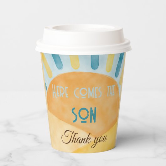 Hier kommt die Son Sunshine Blue Ray Baby Dusche Pappbecher (Rückseite)