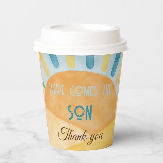 Hier kommt die Son Sunshine Blue Ray Baby Dusche Pappbecher (Vorderseite)