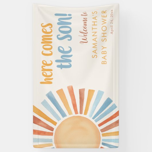 Hier kommt die SON Sunshine Boho Babydusche Banner (Vertikal)