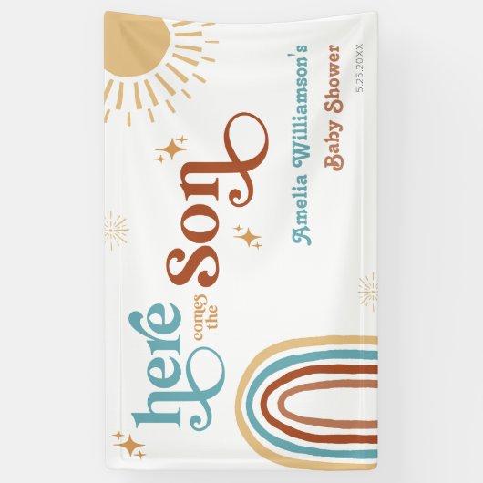 Hier kommt die Son Sunshine Boy Baby Dusche Banner (Vertikal)