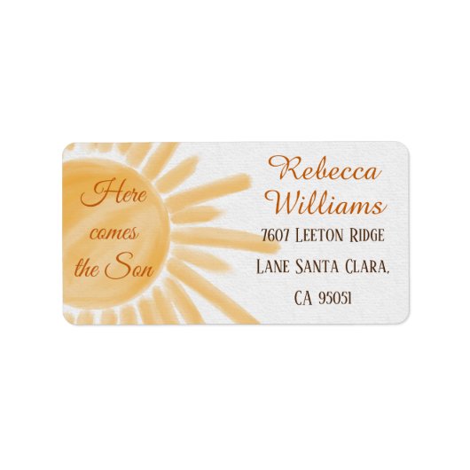 Hier kommt die Son Sunshine Ray Baby Showadresse Adressaufkleber (Vorne)