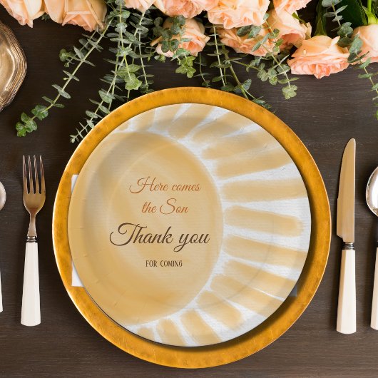 Hier kommt die Son Sunshine Yellow Ray Baby Dusche Pappteller