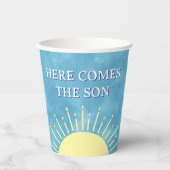 Hier kommt die Son Watercolor Babydusche nach Maß Pappbecher (Vorderseite)