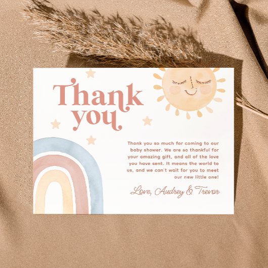 Hier kommt die Son Watercolor Boho Babydusche Dankeskarte