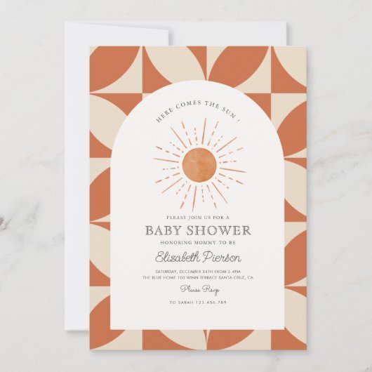 Hier kommt die Sonne Burnt Orange Sun Baby Dusche Einladung (Vorderseite)