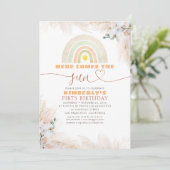 Hier kommt die Sonne Regenbogen 1. Geburtstag Einladung (Stehend Vorderseite)