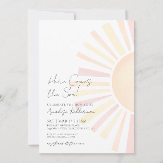 Hier kommt die Sonnendusche von Son Boho Einladung (Vorderseite)