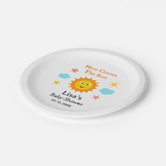 Hier kommt die Sonnendusche zum Lächeln der Sonne Pappteller (Schrägansicht)