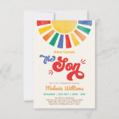 Hier kommt die sonnenfarbene Baby-Dusche. Einladung (Vorderseite)