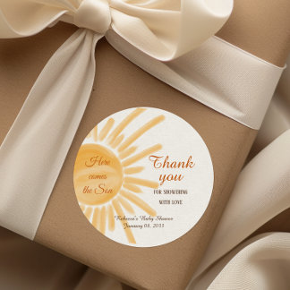 Hier kommt die sonnengelbe Sonnencreme-Babydusche Runder Aufkleber