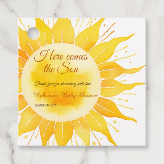 Hier kommt die sonnengelbe Sonnenscheindusche Geschenkanhänger (Vorderseite)