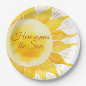 Hier kommt die sonnengelbe Sonnenscheindusche Pappteller (Vorderseite)