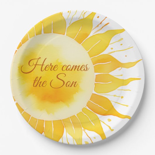 Hier kommt die sonnengelbe Sonnenscheindusche Pappteller (Vorderseite)