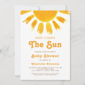Hier kommt die sonnengeschlechtsneutrale Babydusch Einladung (Vorderseite)