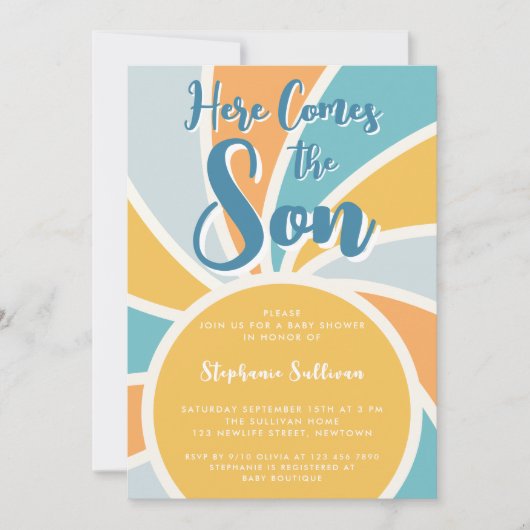 Hier kommt die Sonnenschein-Babydusche Einladung (Vorderseite)