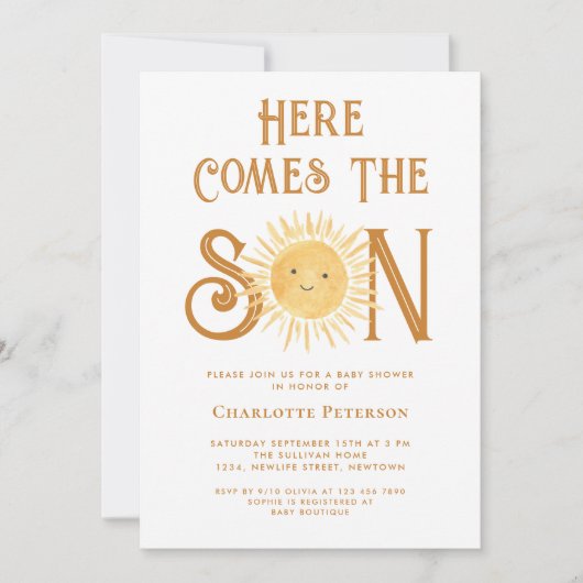 Hier kommt die Sonnenschirm-Babydusche Einladung (Vorderseite)